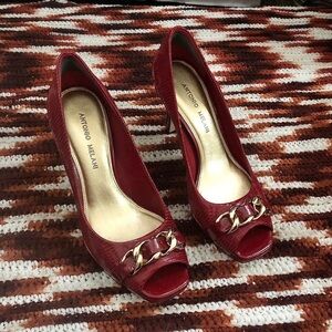 Office Siren Red burgundy leather open peep toe heels pumps gold chain buckle
